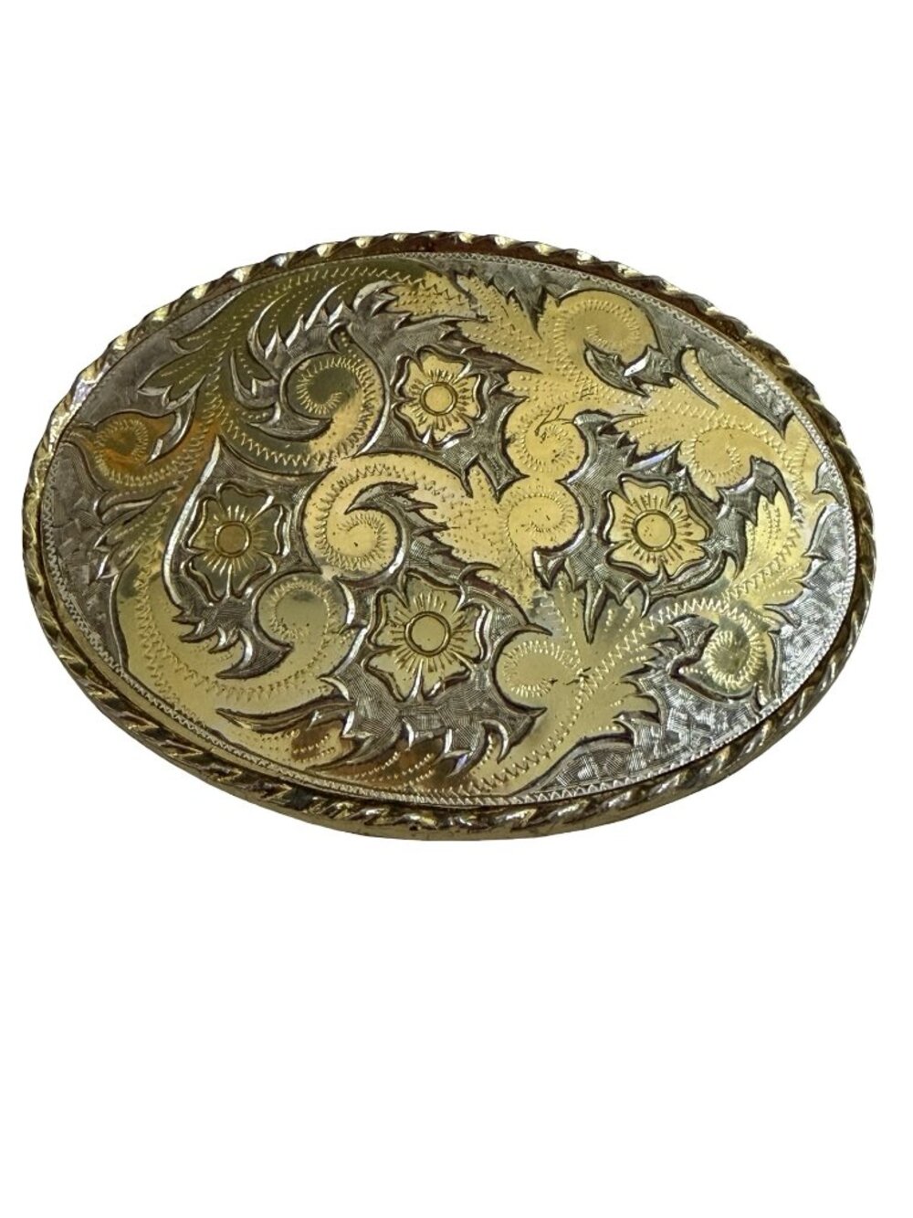 Vintage Western Floral Engraved Belt Buckle Gold Tone Silver Tone Oval Scrollwor